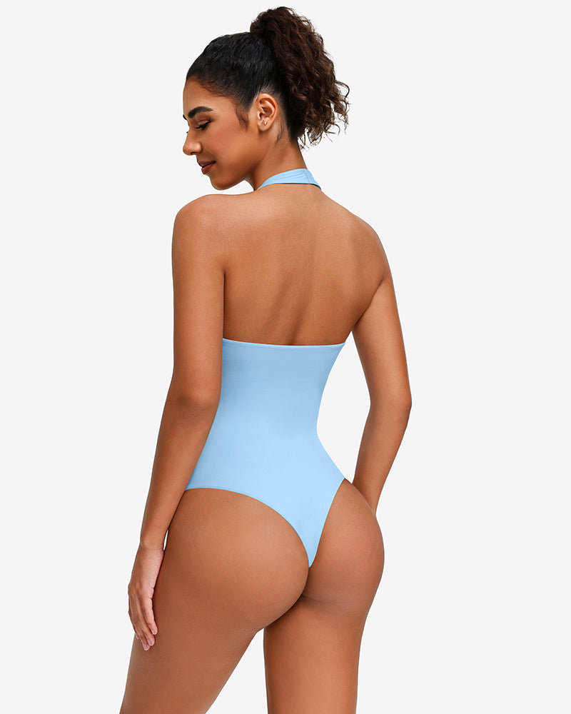 Light blue backless halter bodysuit with high-cut sides