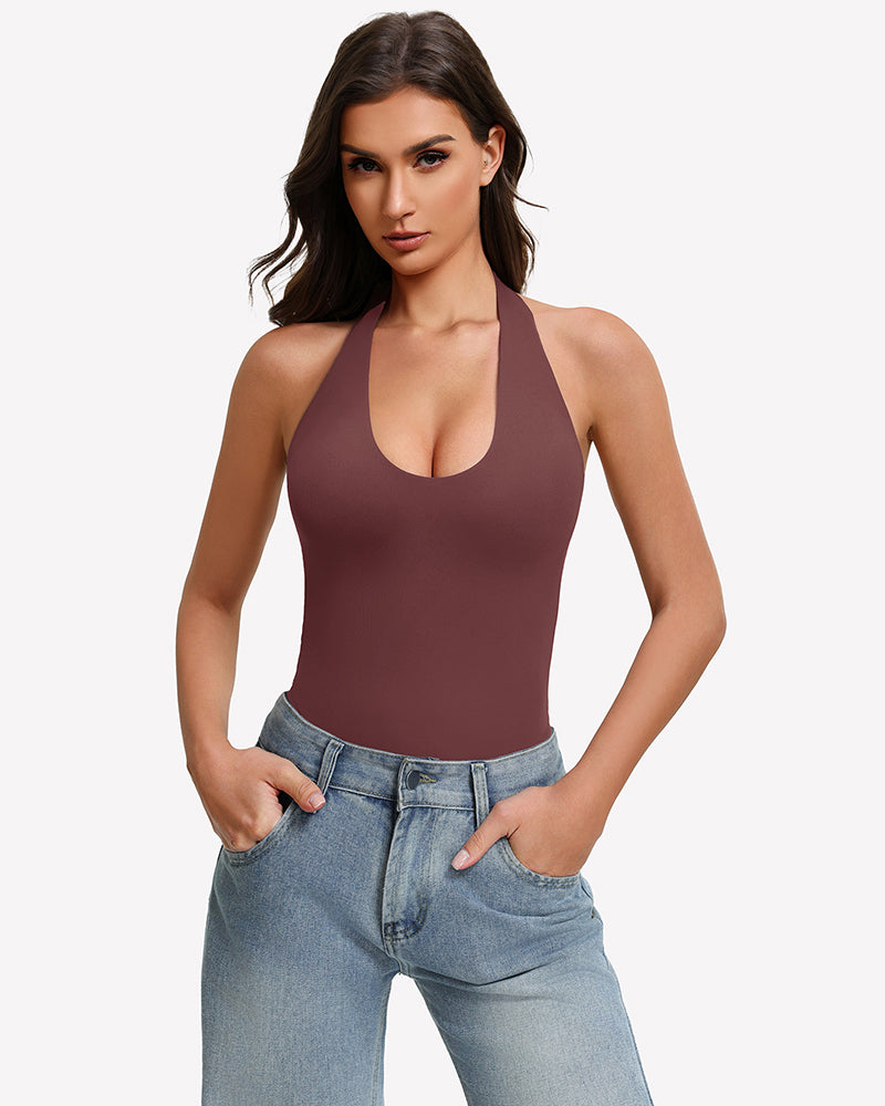 Brown halter bodysuit with deep scoop neckline, worn with blue jeans