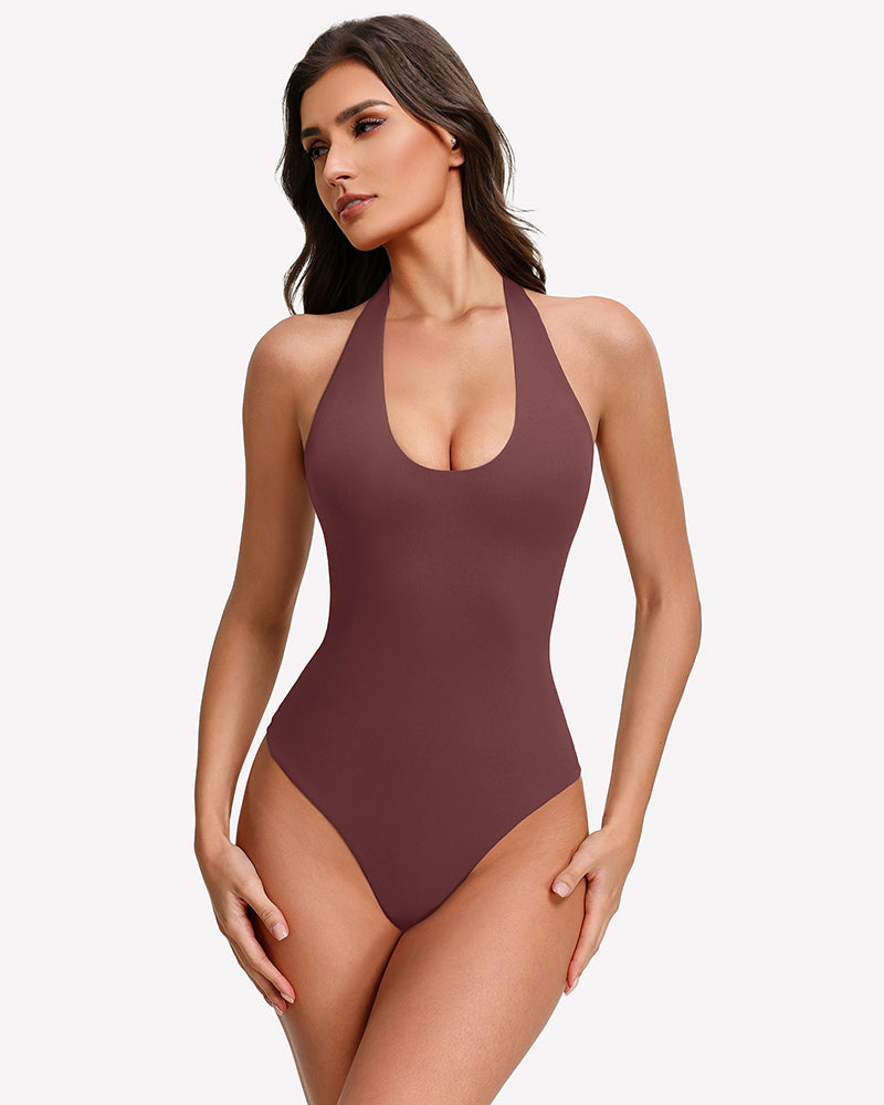 Brown halter bodysuit with deep scoop neckline, seamless tank style