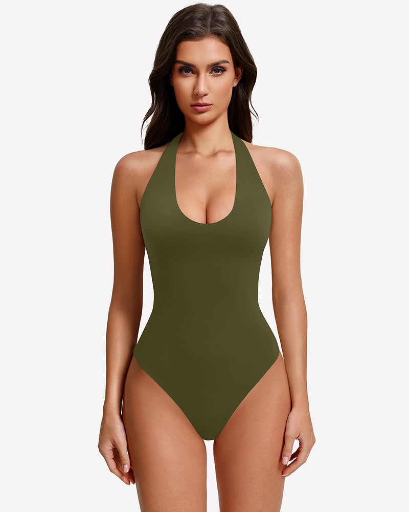 Green halter bodysuit with deep scoop front and backless open back
