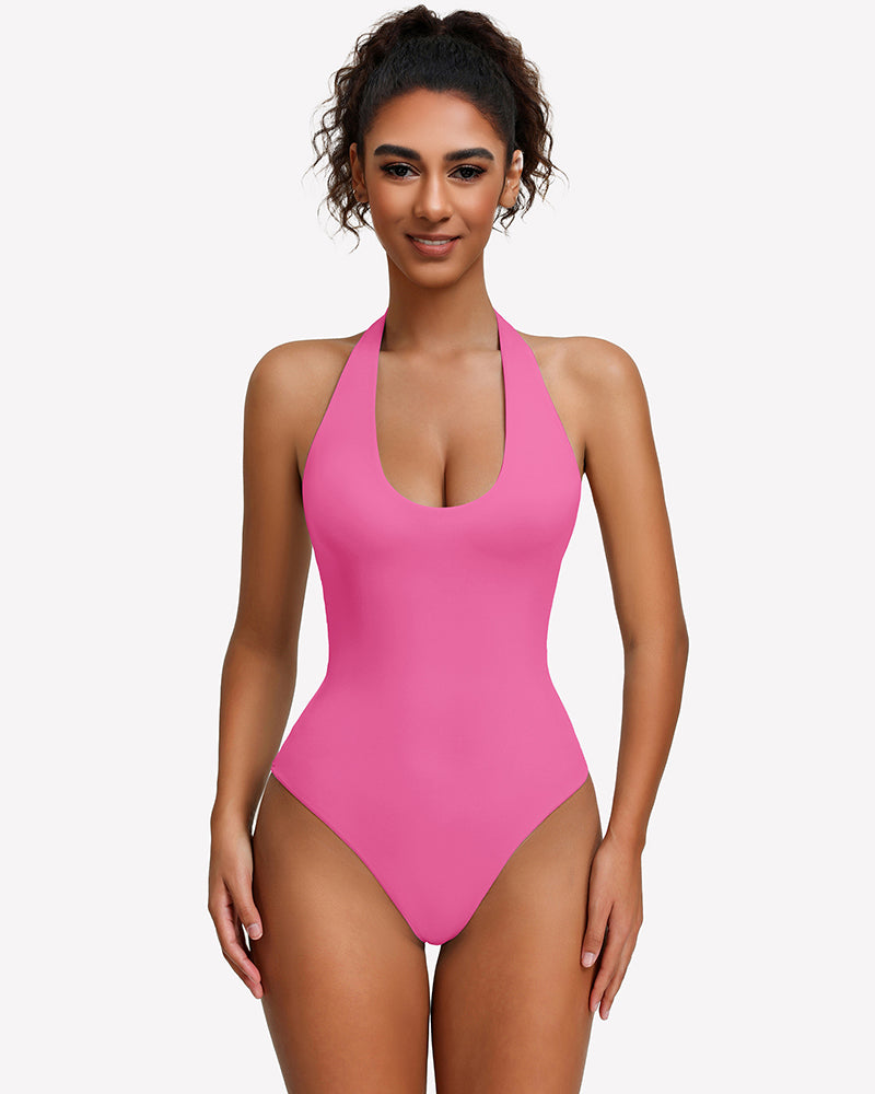 Pink halter bodysuit with deep scoop front and backless open back