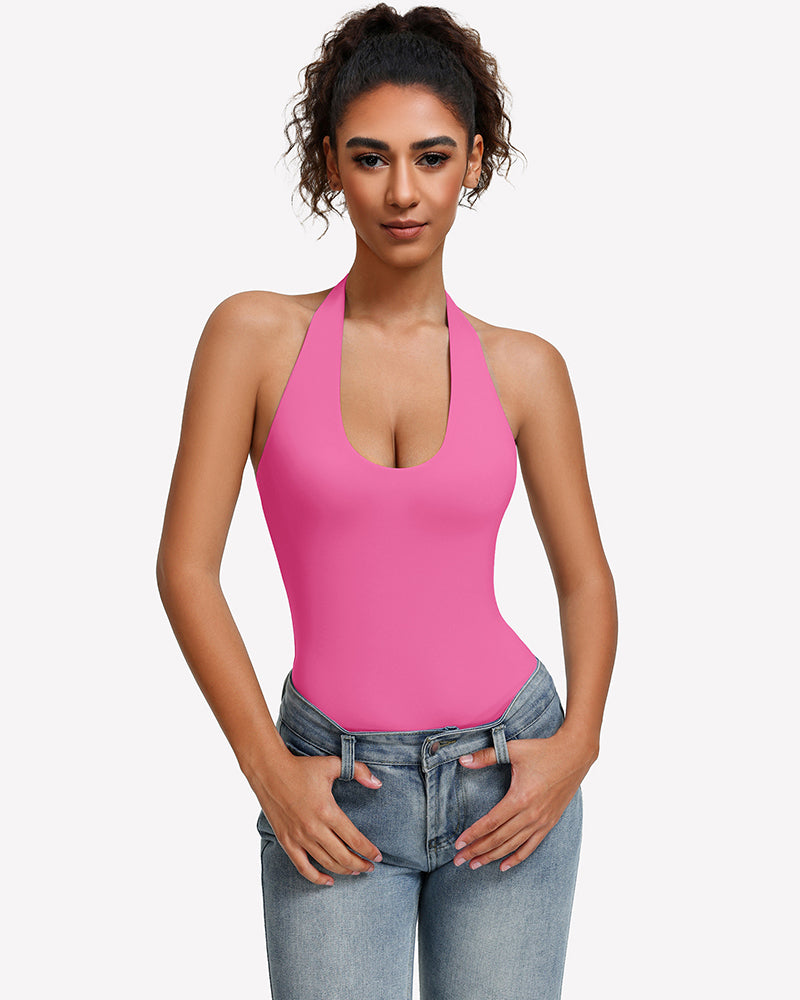 Bright pink halter bodysuit with deep scoop neckline and seamless tank fit