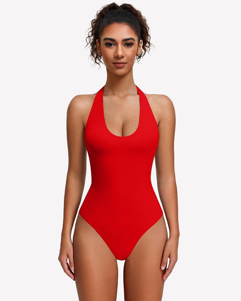 Red halter bodysuit with deep scoop neckline, seamless one-piece