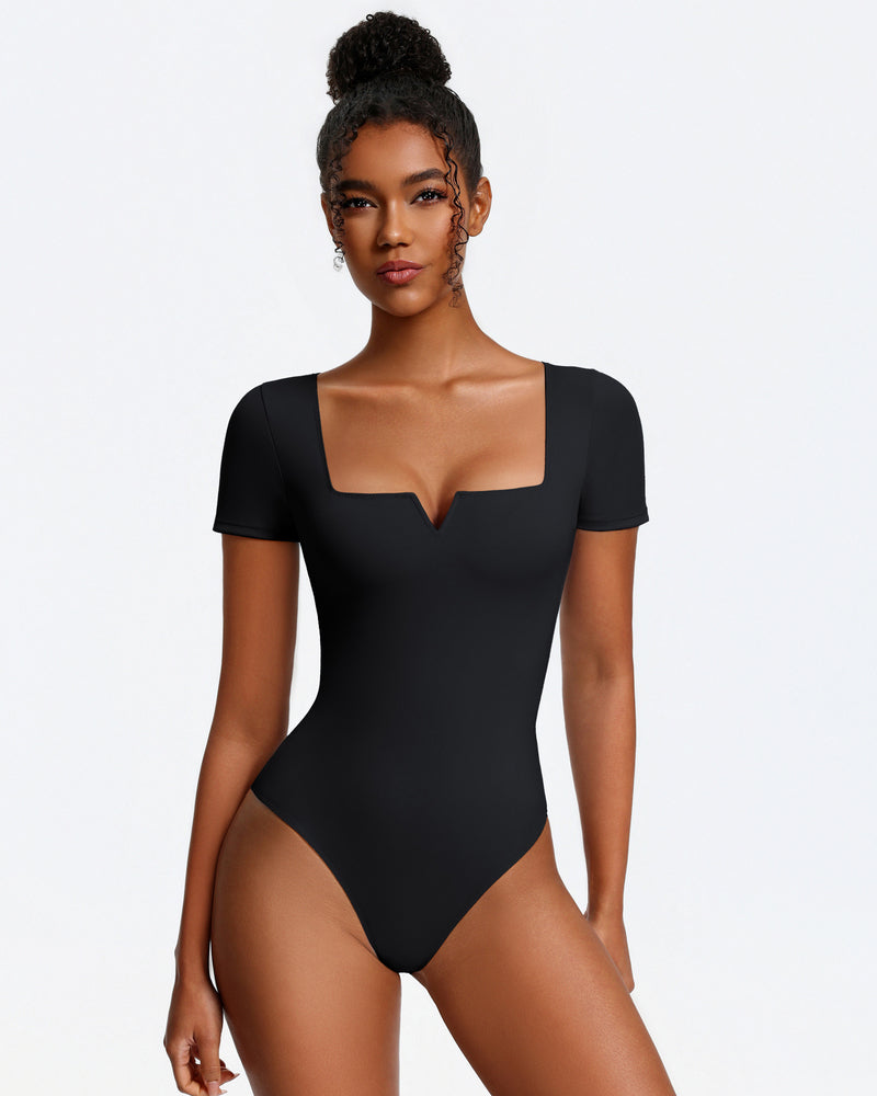 Short sleeve square-neck bodysuit, black, one-piece with thong-style bottom