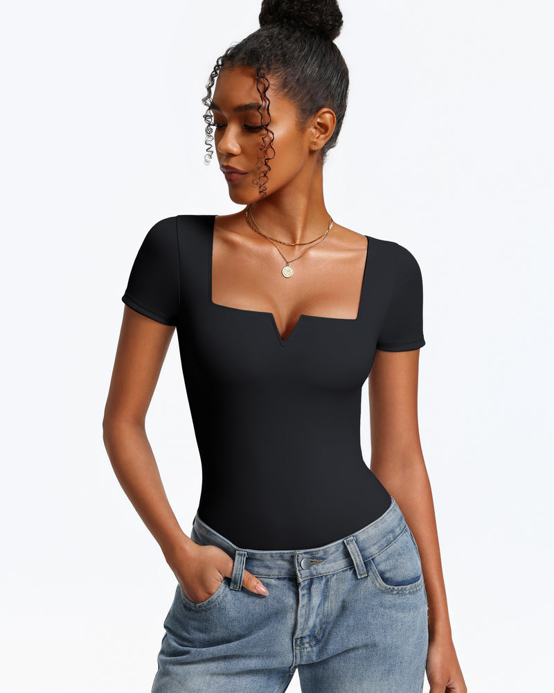 Short sleeve square-neck bodysuit, black, close-fitting one-piece