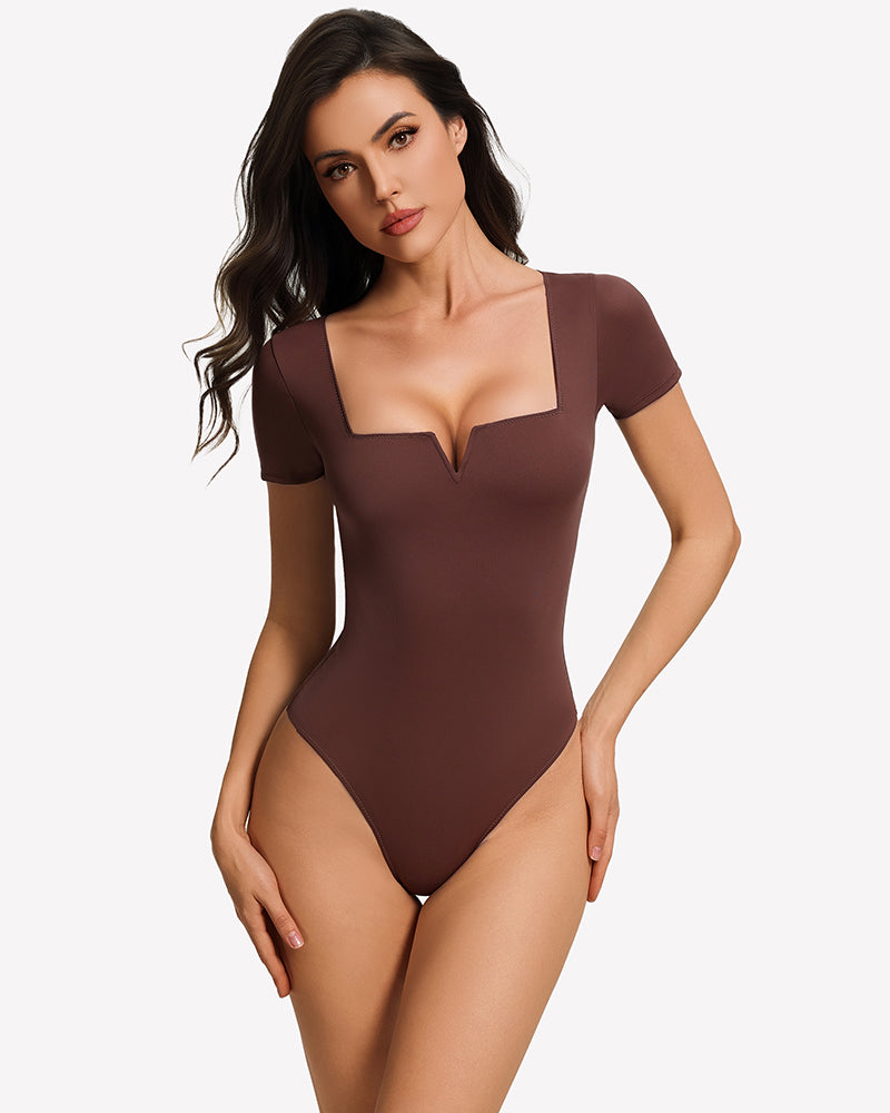 Brown square-neck short-sleeve bodysuit, fitted one-piece with V-shaped neckline cutout