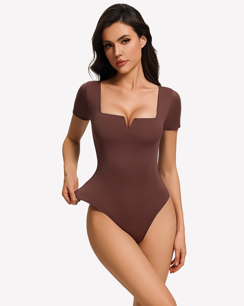 Short sleeve square-neck bodysuit, dark brown, one-piece with thong-style bottom