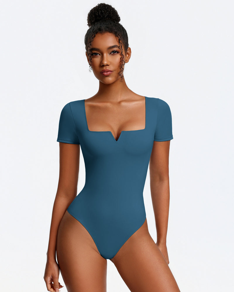 Short sleeve square-neck bodysuit, teal blue-green, one-piece with thong-style bottom