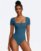 Short sleeve square-neck bodysuit, teal blue-green, one-piece with thong-style bottom