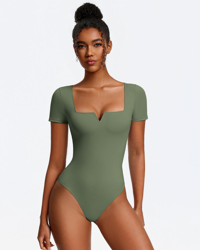 Short sleeve square-neck bodysuit, olive green, one-piece with thong-style bottom