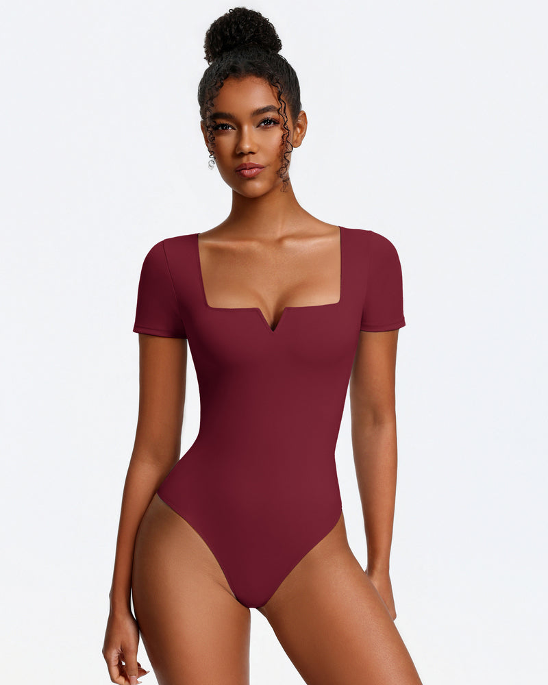 Short sleeve square-neck bodysuit, burgundy, one-piece with thong-style bottom