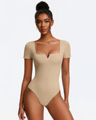 Short sleeve square-neck bodysuit, nude beige, one-piece with thong-style bottom