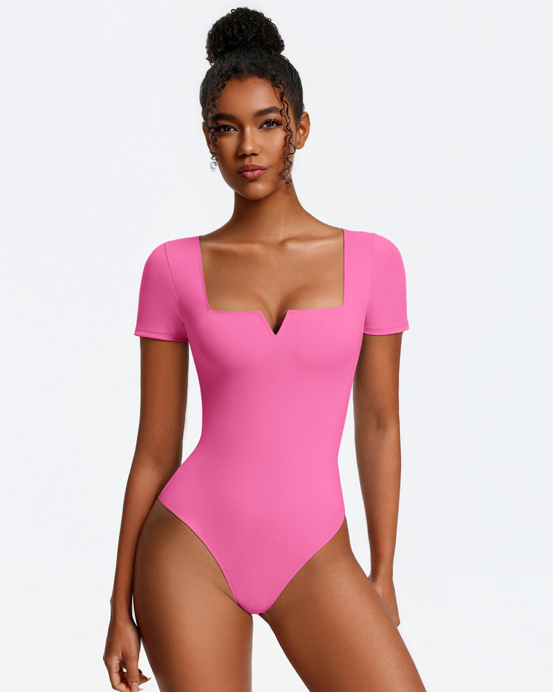 Short sleeve square-neck bodysuit, pink, one-piece with thong-style bottom