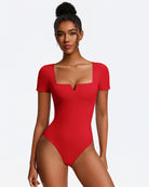 Short sleeve square-neck bodysuit, red, one-piece with thong-style bottom