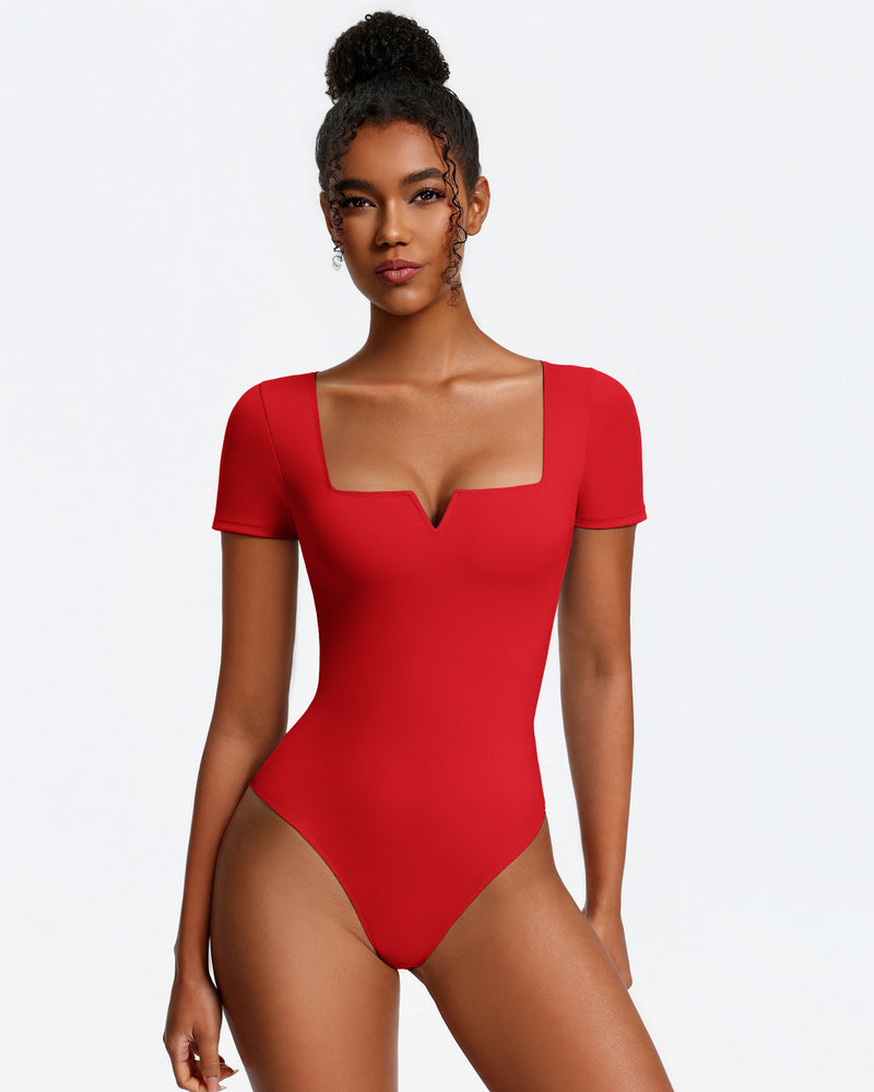 Short sleeve square-neck bodysuit, red, one-piece with thong-style bottom