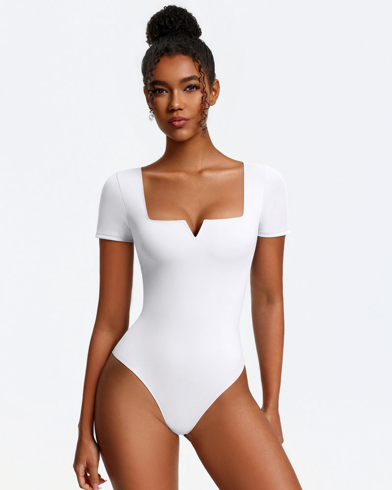 Short sleeve square-neck bodysuit, white, one-piece with thong-style bottom