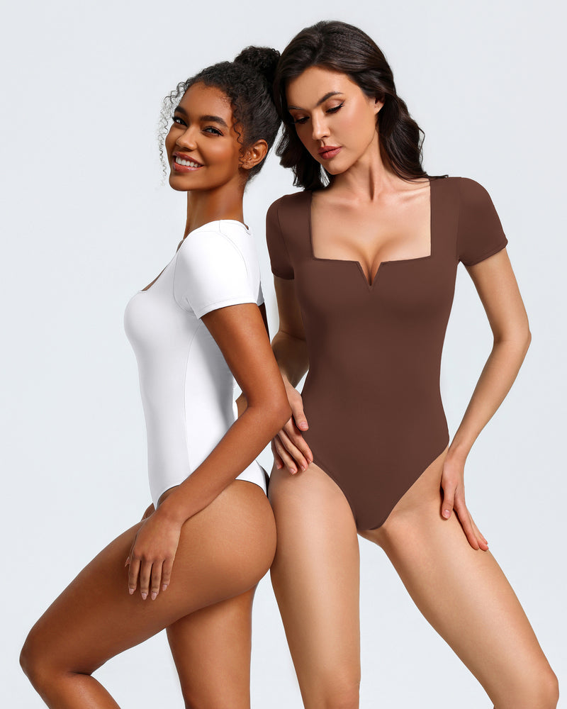 White and brown square-neck short-sleeve bodysuits, fitted one-piece styles side by side