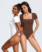 White and brown square-neck short-sleeve bodysuits, fitted one-piece styles side by side