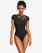 Black lace crew neck short-sleeve thong bodysuit with sheer lace yoke at neckline