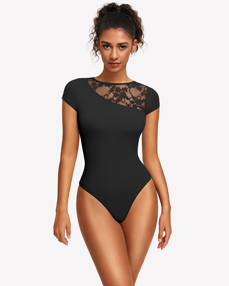 Black lace crew neck short-sleeve thong bodysuit with sheer lace yoke at neckline