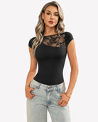 Black lace crew neck short-sleeve thong bodysuit with lace panel across neckline