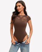 Dark brown lace crew neck short-sleeve thong bodysuit with floral lace neckline