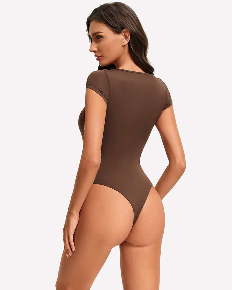 Chocolate brown lace crew neck short-sleeve thong bodysuit with sheer floral yoke