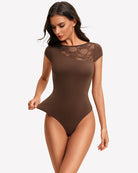 Brown lace crew neck short-sleeve thong bodysuit with sheer lace panel across neckline