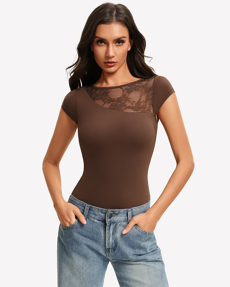 Chocolate lace crew neck short-sleeve thong bodysuit with floral lace yoke