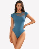 Teal lace crew neck short-sleeve thong bodysuit with sheer lace yoke at neckline