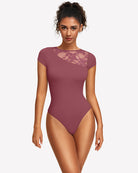 Burgundy lace crew neck short-sleeve thong bodysuit with sheer floral yoke