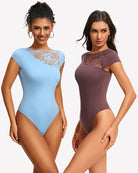 Light blue and burgundy lace crew neck short-sleeve thong bodysuits with floral yokes