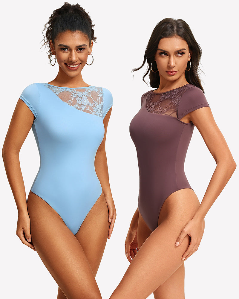 Light blue and burgundy lace crew neck short-sleeve thong bodysuits with floral yokes