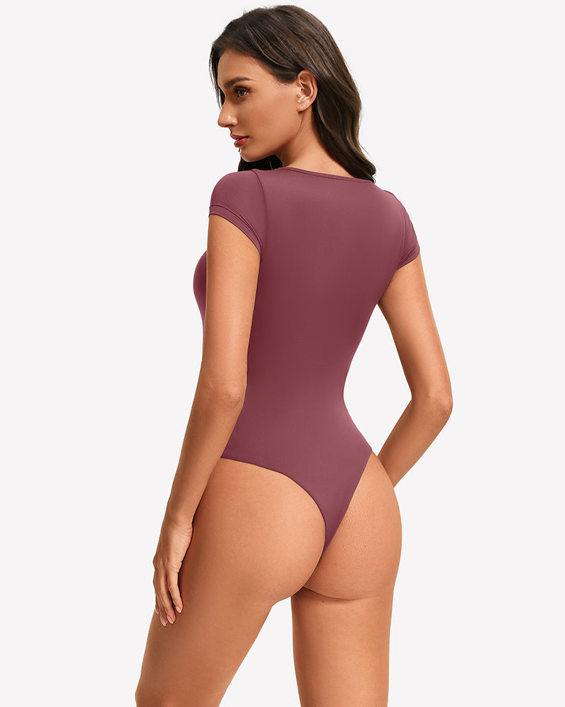 Burgundy lace crew neck short-sleeve thong bodysuit