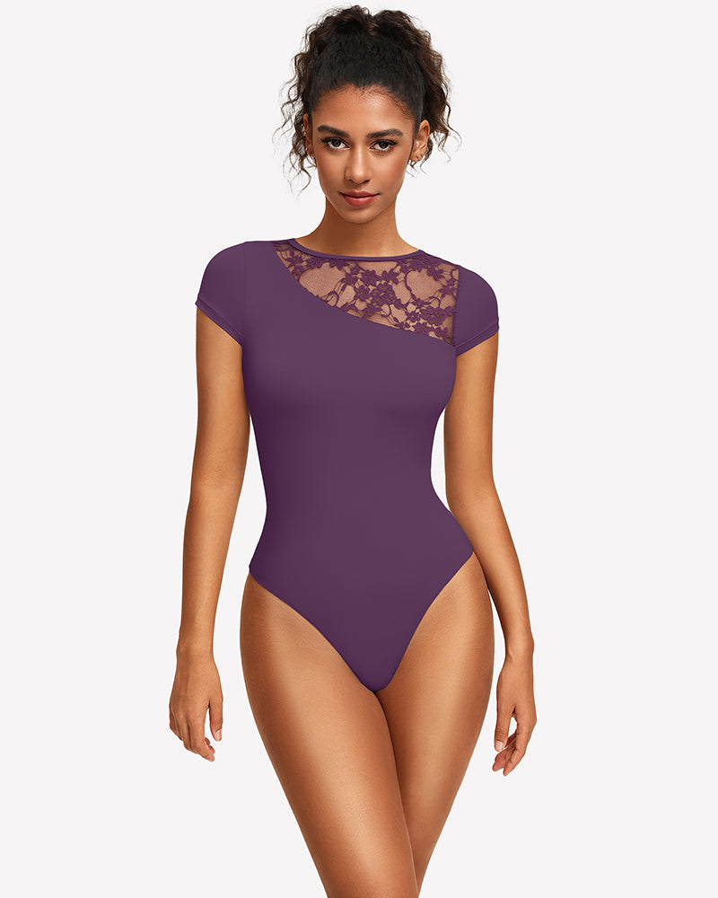 Purple lace crew neck short-sleeve thong bodysuit with sheer lace yoke at neckline