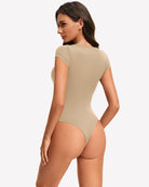 Beige lace crew neck short-sleeve thong bodysuit