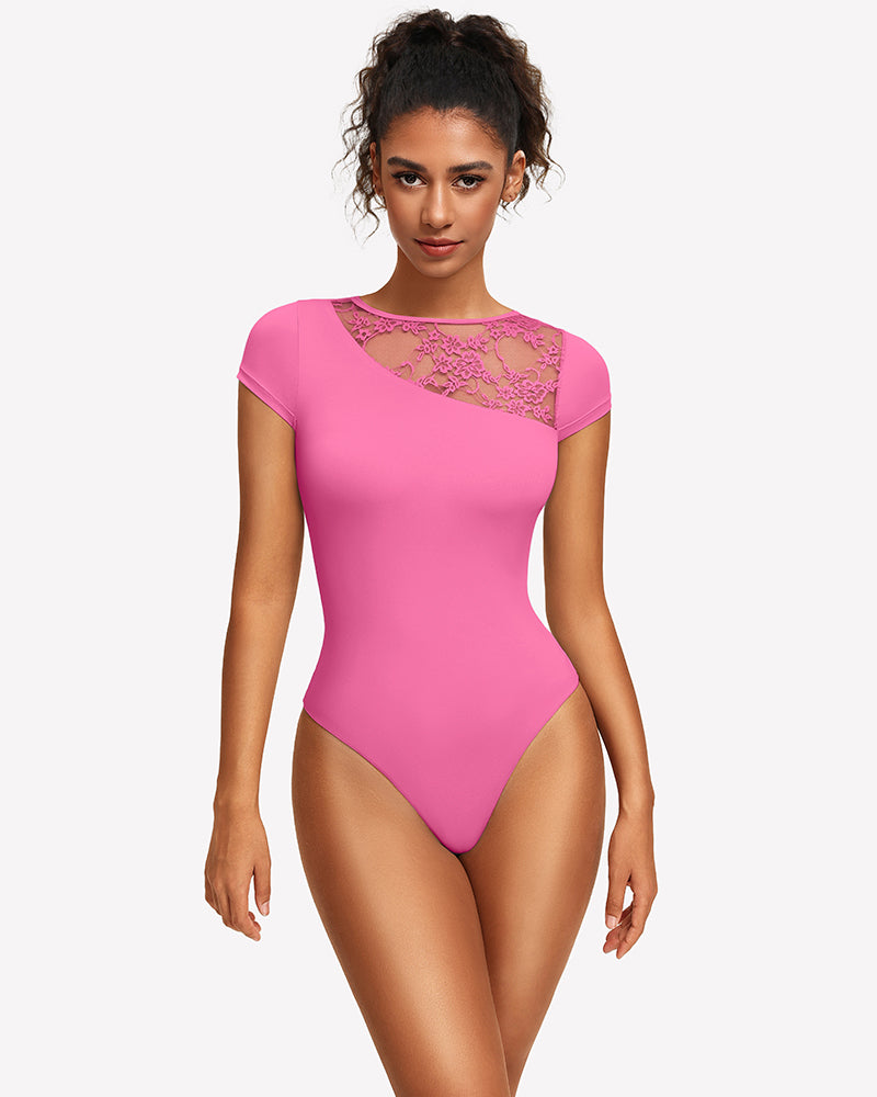 Pink lace crew neck short-sleeve thong bodysuit with sheer lace yoke at neckline