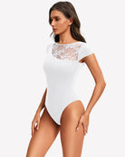 White lace crew neck short-sleeve thong bodysuit with lace neckline yoke