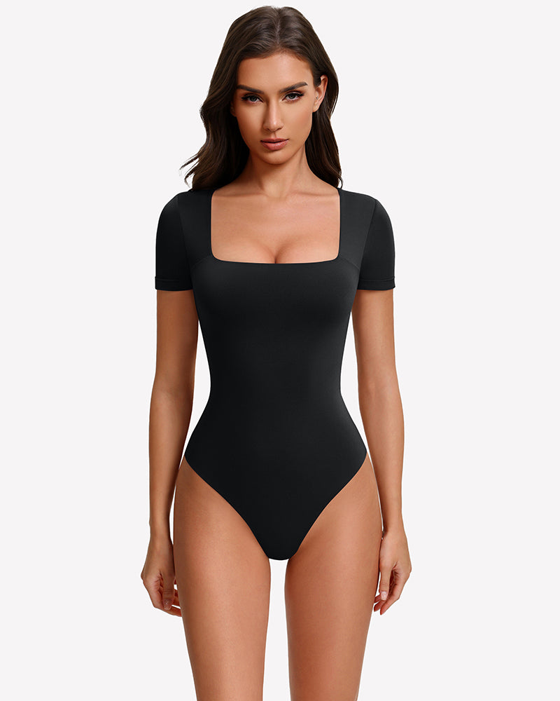 Black short-sleeve square-neck bodysuit with fitted one-piece silhouette