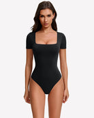 Black short-sleeve square-neck bodysuit with fitted one-piece silhouette