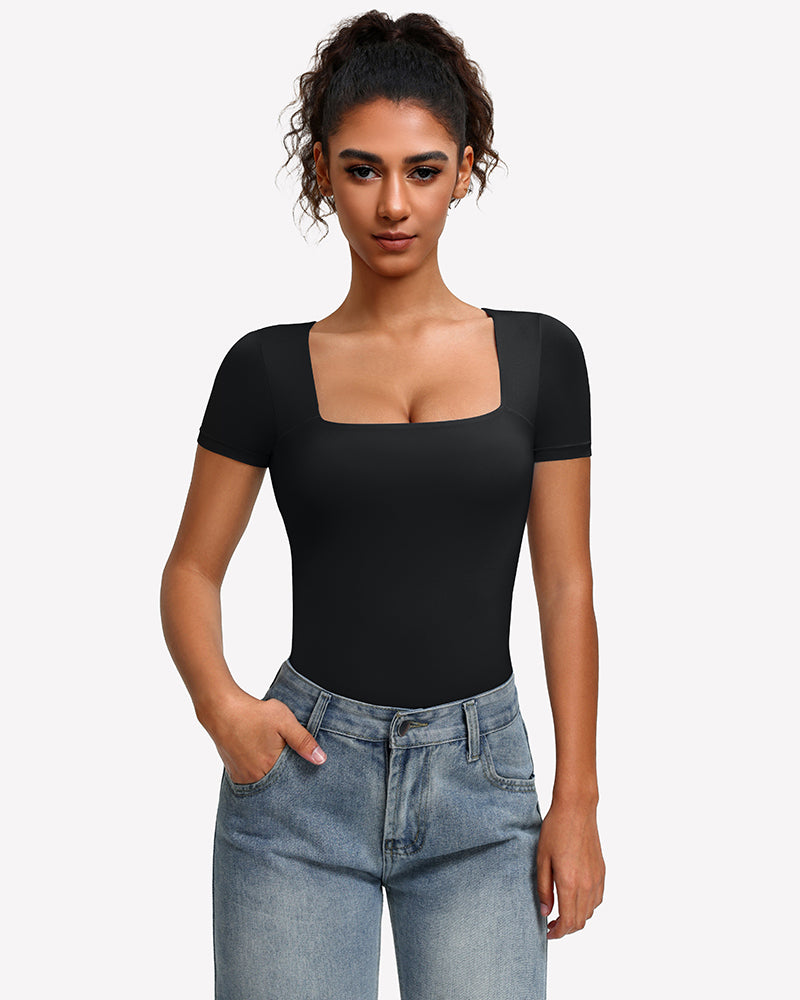 Square-neck short-sleeve bodysuit in black, fitted one-piece with square neckline