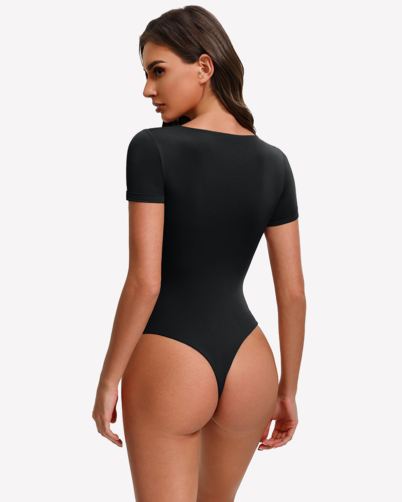 Square-neck short-sleeve bodysuit in black, back view with high-cut coverage