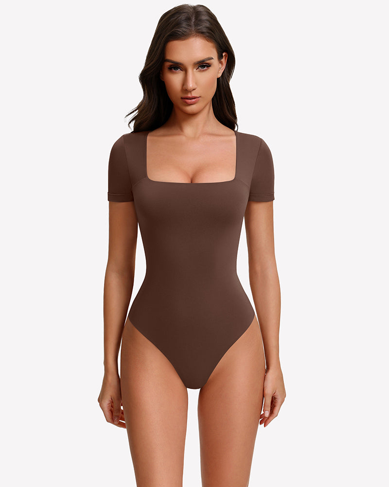 Square-neck short-sleeve bodysuit in brown, fitted one-piece with square neckline