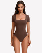 Square-neck short-sleeve bodysuit in brown, fitted one-piece with square neckline