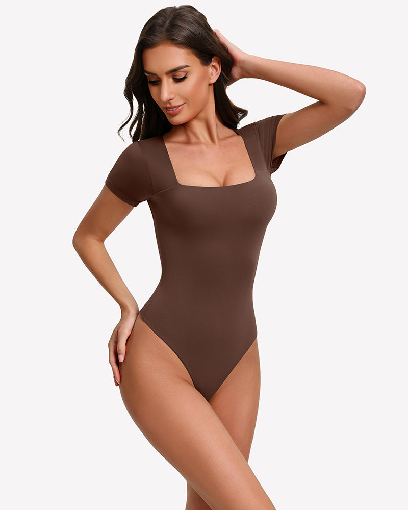 Dark brown short-sleeve square-neck bodysuit with fitted one-piece silhouette