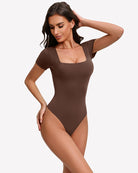 Dark brown short-sleeve square-neck bodysuit with fitted one-piece silhouette