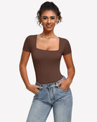 Square-neck short-sleeve bodysuit in brown, fitted one-piece with short sleeves