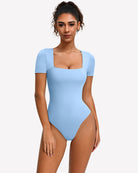 Light blue short-sleeve square-neck bodysuit with fitted one-piece silhouette