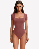 Rose red short-sleeve square-neck bodysuit with fitted one-piece silhouette
