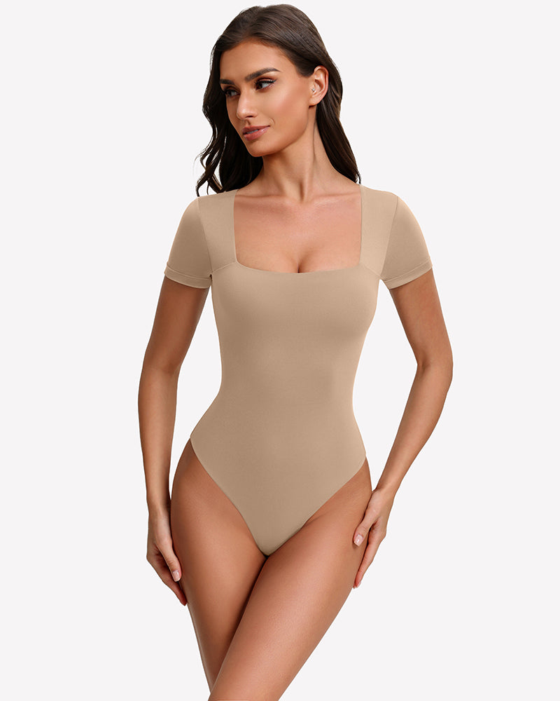 Nude short-sleeve square-neck bodysuit with fitted one-piece silhouette